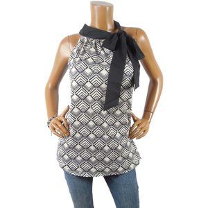 NEW YORK & CO Top XL New Halter Blouse Black/Tan Print Tie Neck Sleeveless Shirt